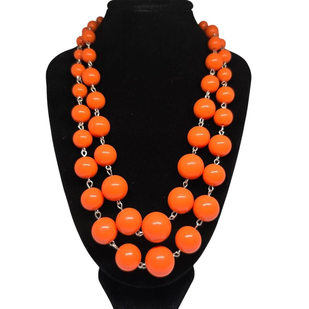 Vintage Double Strand Necklace Silver Tone Metal 16-18in Orange Bead Statement